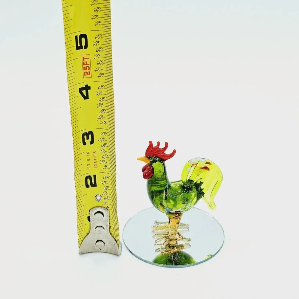 Vintage Hand Blown Art Glass Green Pulled Feather Rooster Chicken Figurine Farm
